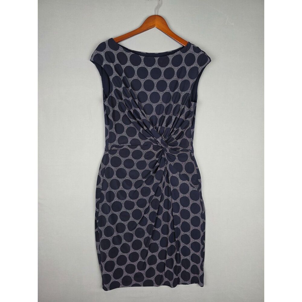 Lauren Ralph Lauren Ruched Shealth Dress Size 12 Navy White Circles Stretch